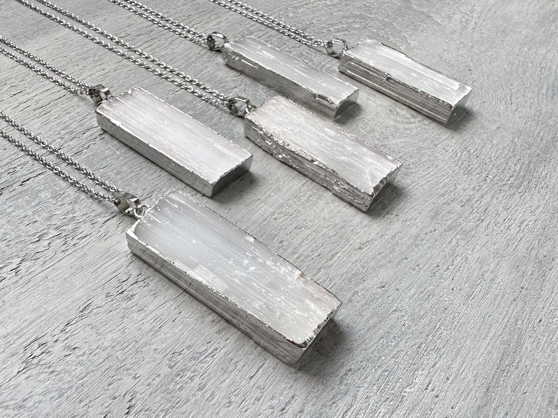 Selenite Necklace, Selenite Silver Pendant, Raw Selenite Necklace, Natural Selenite, White Rectangle Pendant Necklace, Raw Stone Jewelry