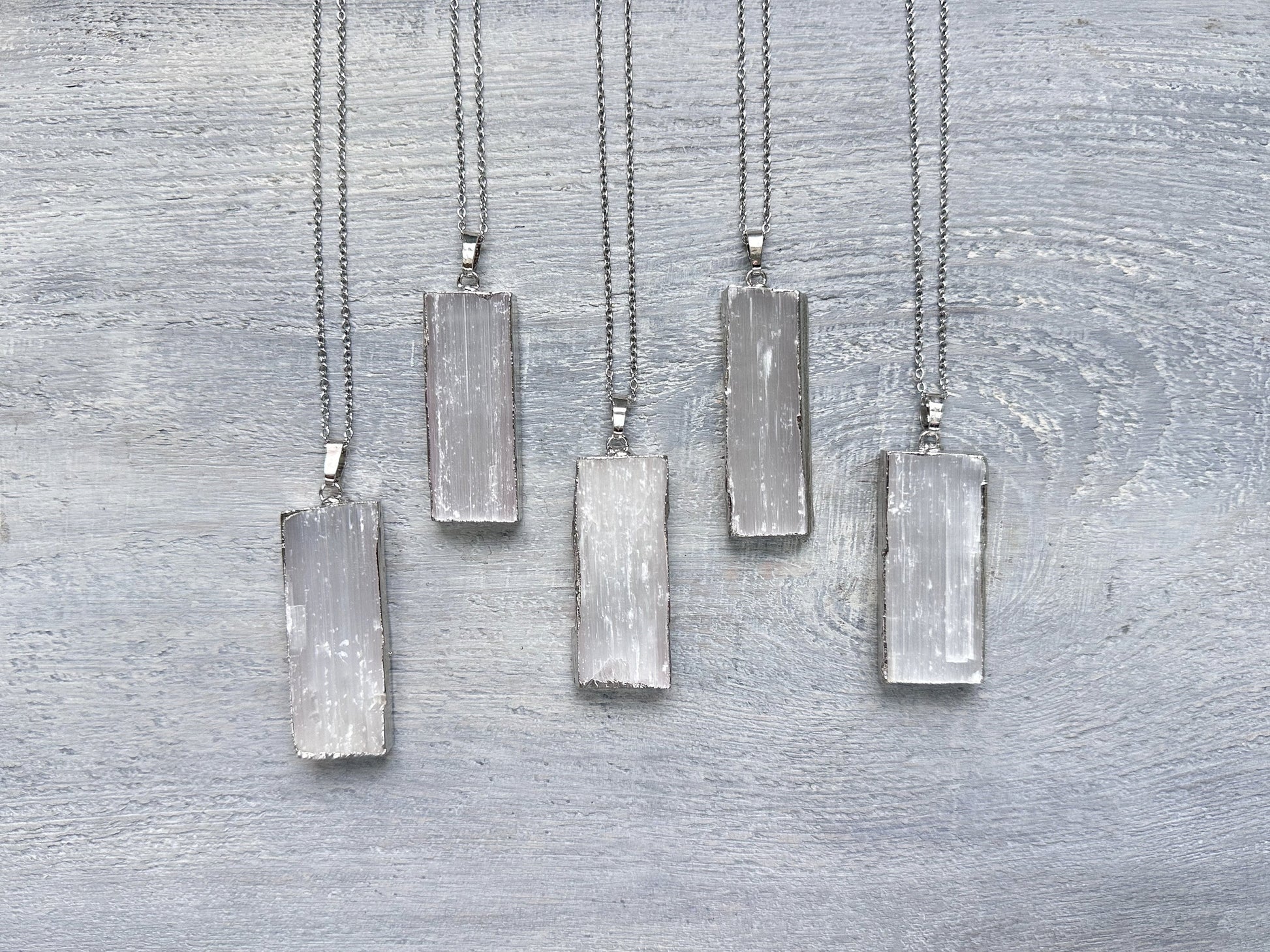 Selenite Necklace, Selenite Silver Pendant, Raw Selenite Necklace, Natural Selenite, White Rectangle Pendant Necklace, Raw Stone Jewelry