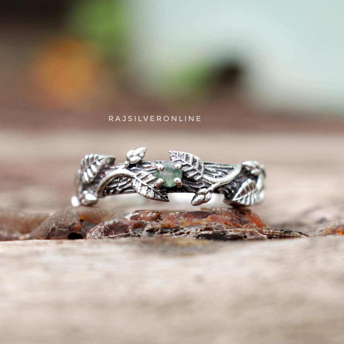 Moss Agate Twig Ring: Handmade Sterling Silver Nature-Inspired Leaves Ring, Boho Designer Jewelry