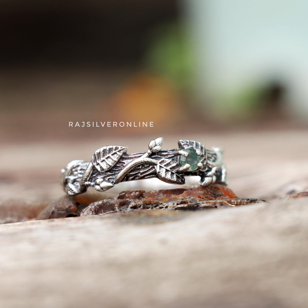 Moss Agate Twig Ring: Handmade Sterling Silver Nature-Inspired Leaves Ring, Boho Designer Jewelry