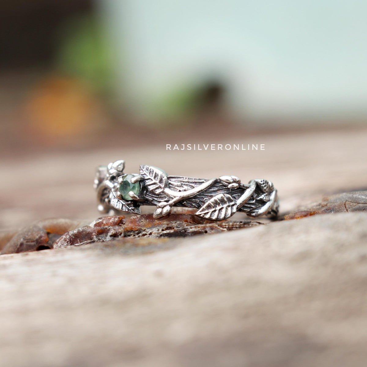 Moss Agate Twig Ring: Handmade Sterling Silver Nature-Inspired Leaves Ring, Boho Designer Jewelry