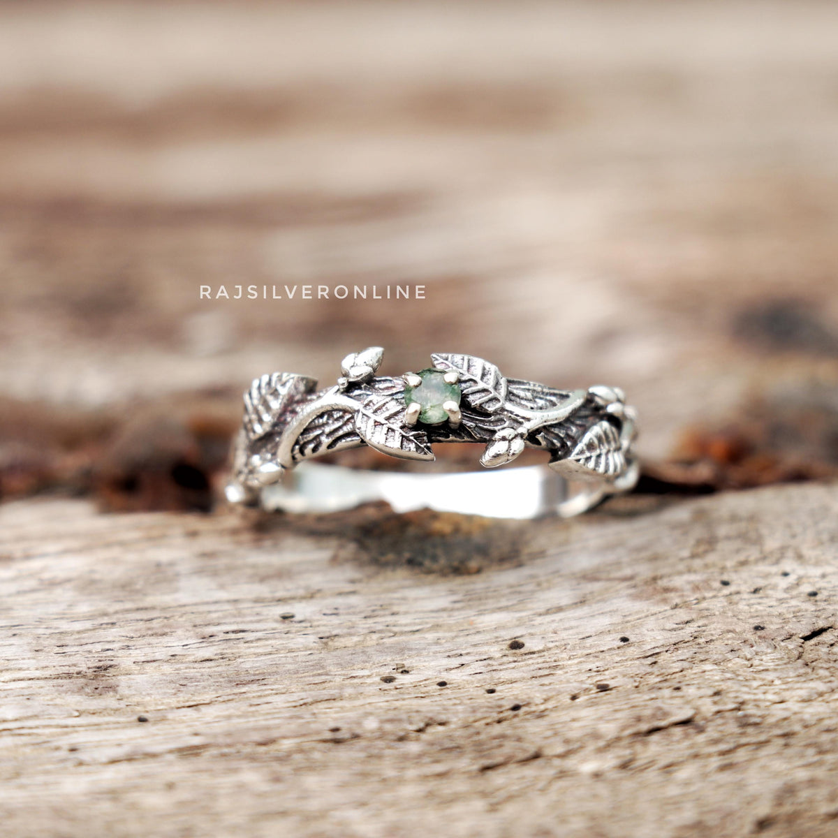Moss Agate Twig Ring: Handmade Sterling Silver Nature-Inspired Leaves Ring, Boho Designer Jewelry