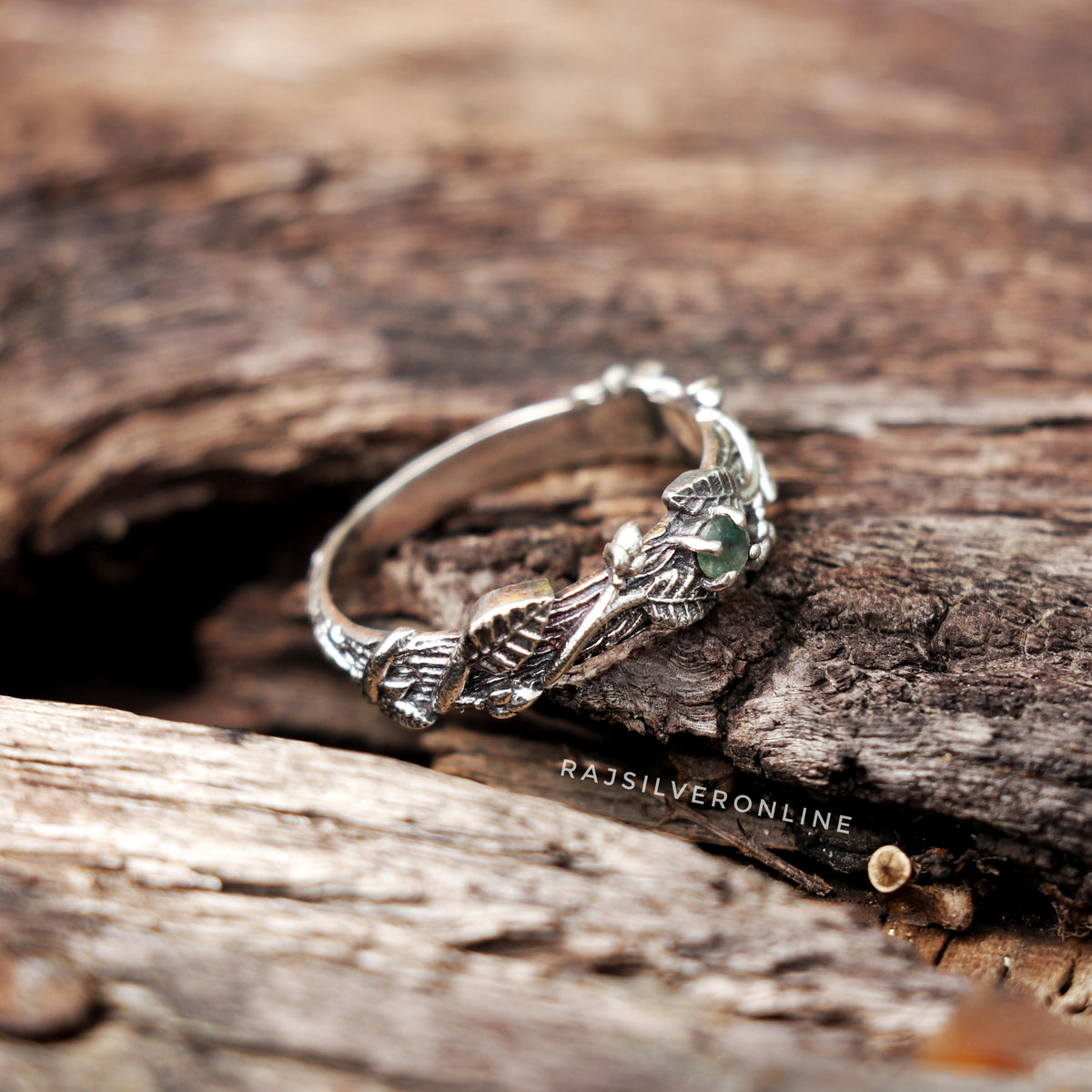 Moss Agate Twig Ring: Handmade Sterling Silver Nature-Inspired Leaves Ring, Boho Designer Jewelry
