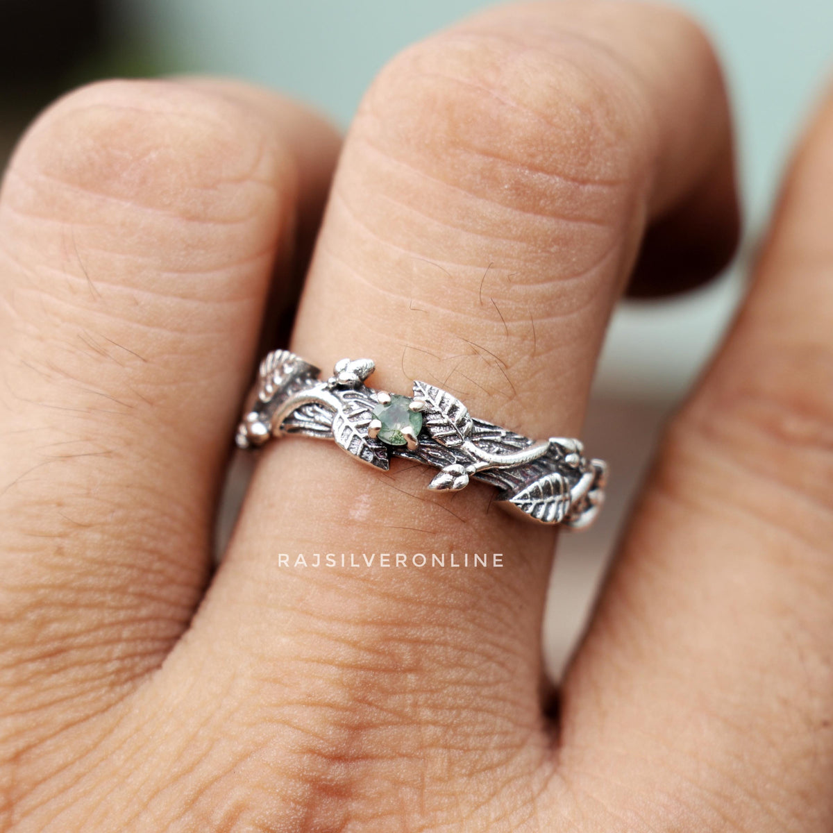 Moss Agate Twig Ring: Handmade Sterling Silver Nature-Inspired Leaves Ring, Boho Designer Jewelry