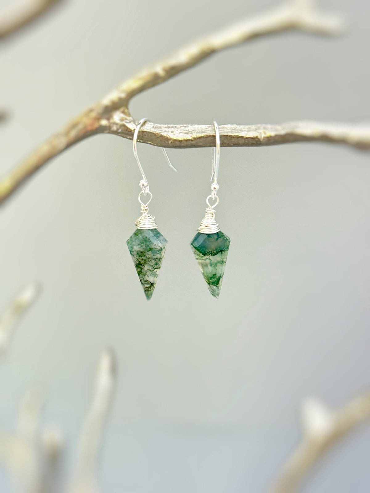Moss Agate Earrings Dangle Rose Gold Huggie Hoops Sterling Silver Handmade Jewelry 14K Gold Fill Dainty Raw Gemstone Crystal Earrings