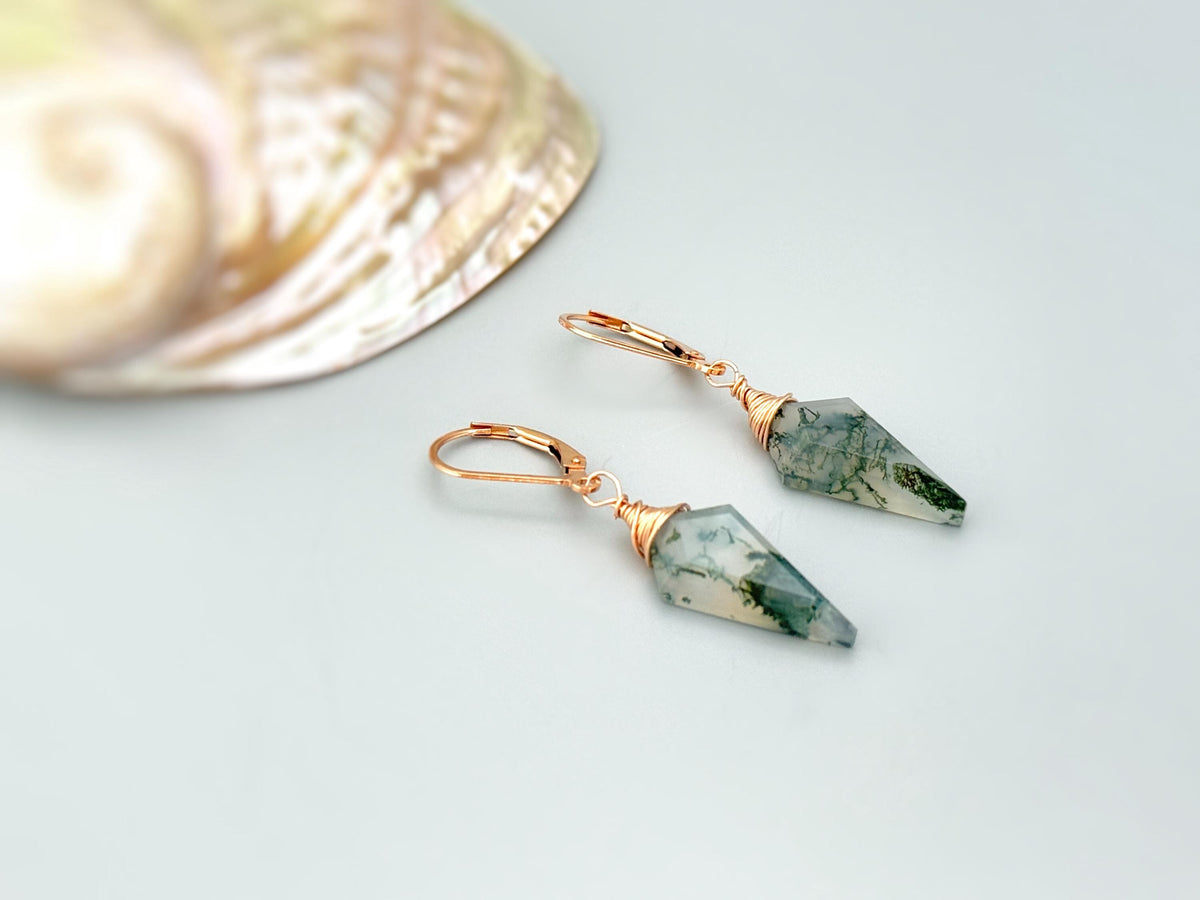 Moss Agate Earrings Dangle Rose Gold Huggie Hoops Sterling Silver Handmade Jewelry 14K Gold Fill Dainty Raw Gemstone Crystal Earrings