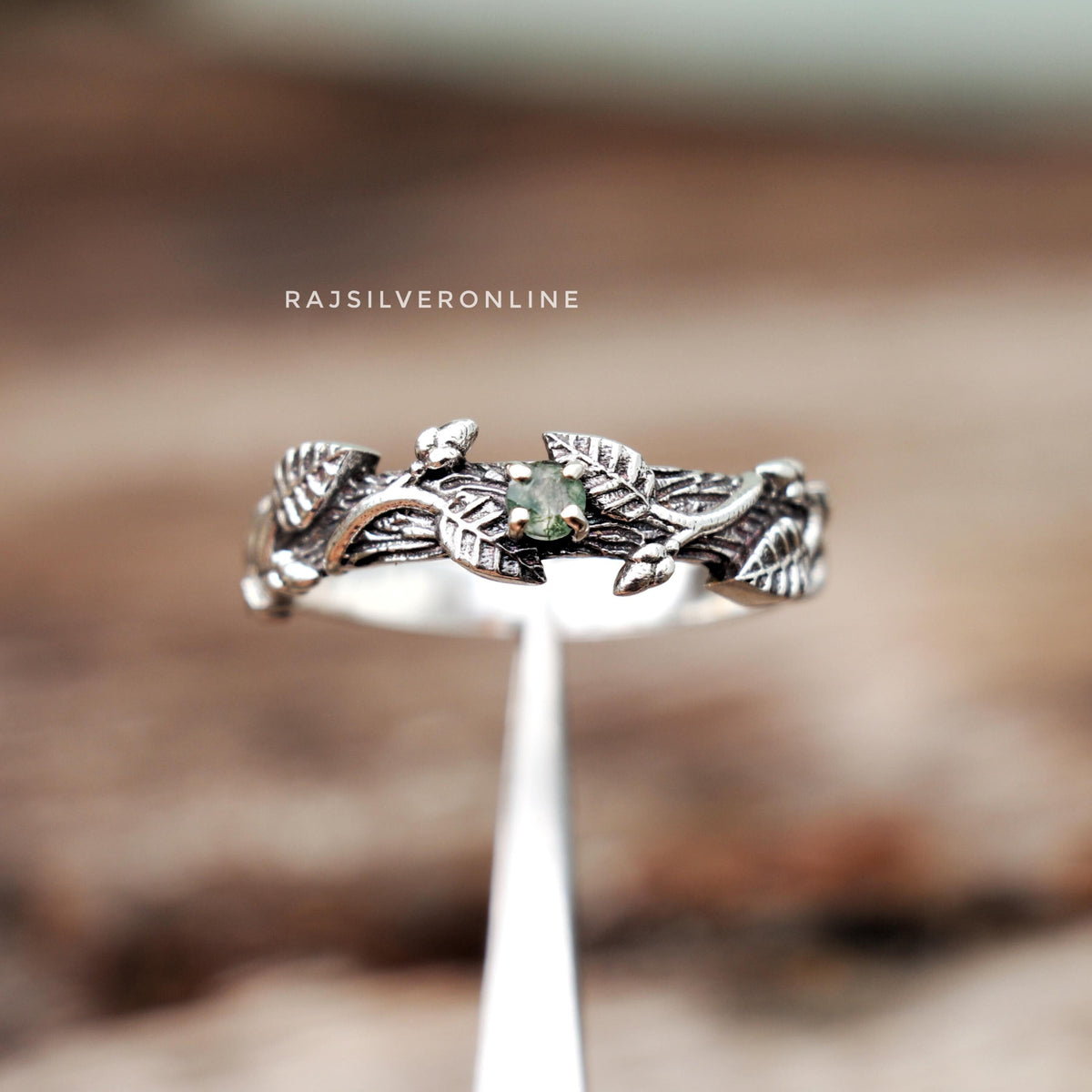 Moss Agate Twig Ring: Handmade Sterling Silver Nature-Inspired Leaves Ring, Boho Designer Jewelry