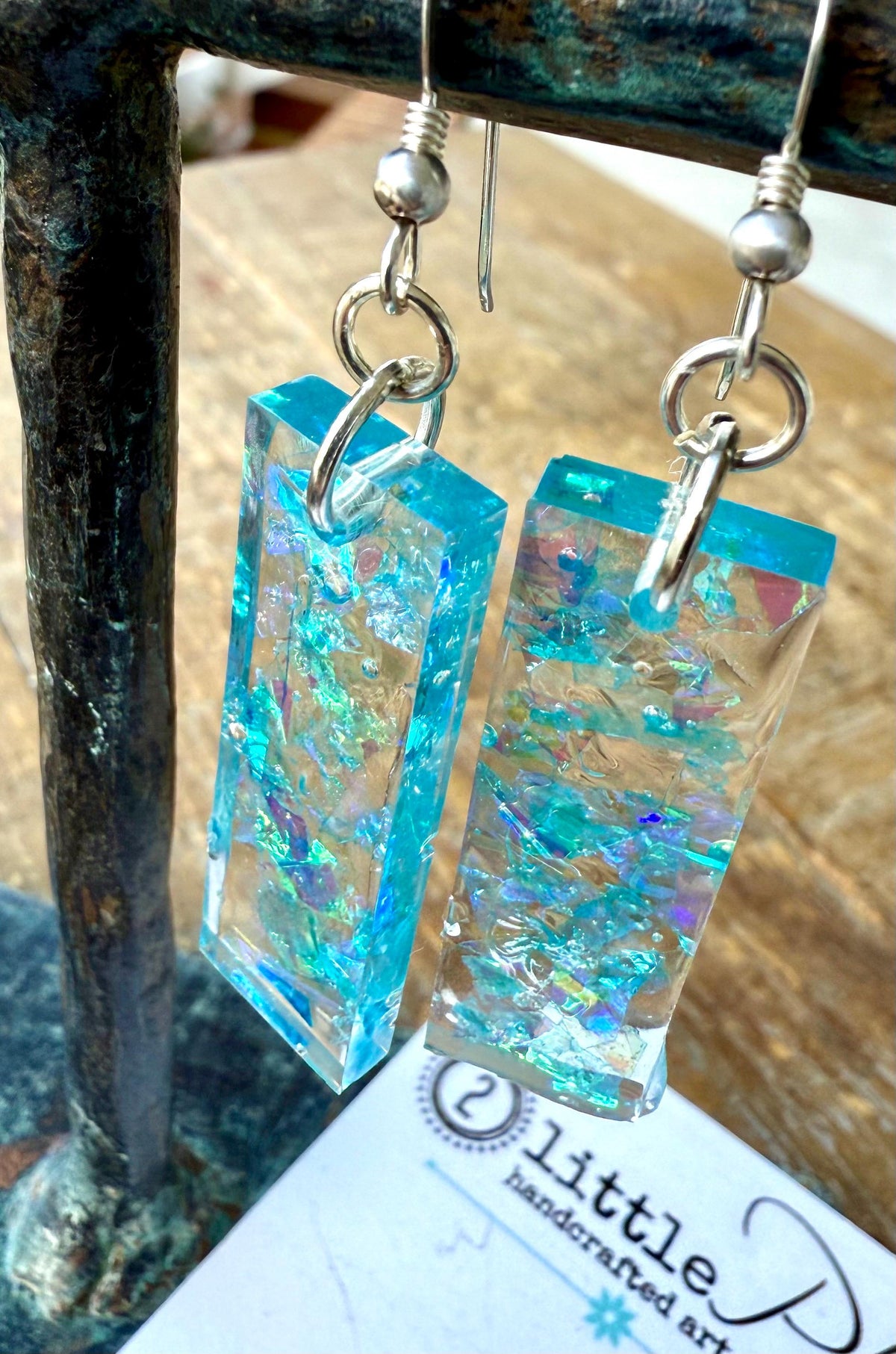 Iridescent Shimmer Resin Earrings – Handmade Eco-Friendly Dangle Earrings in Aqua & Lavender
