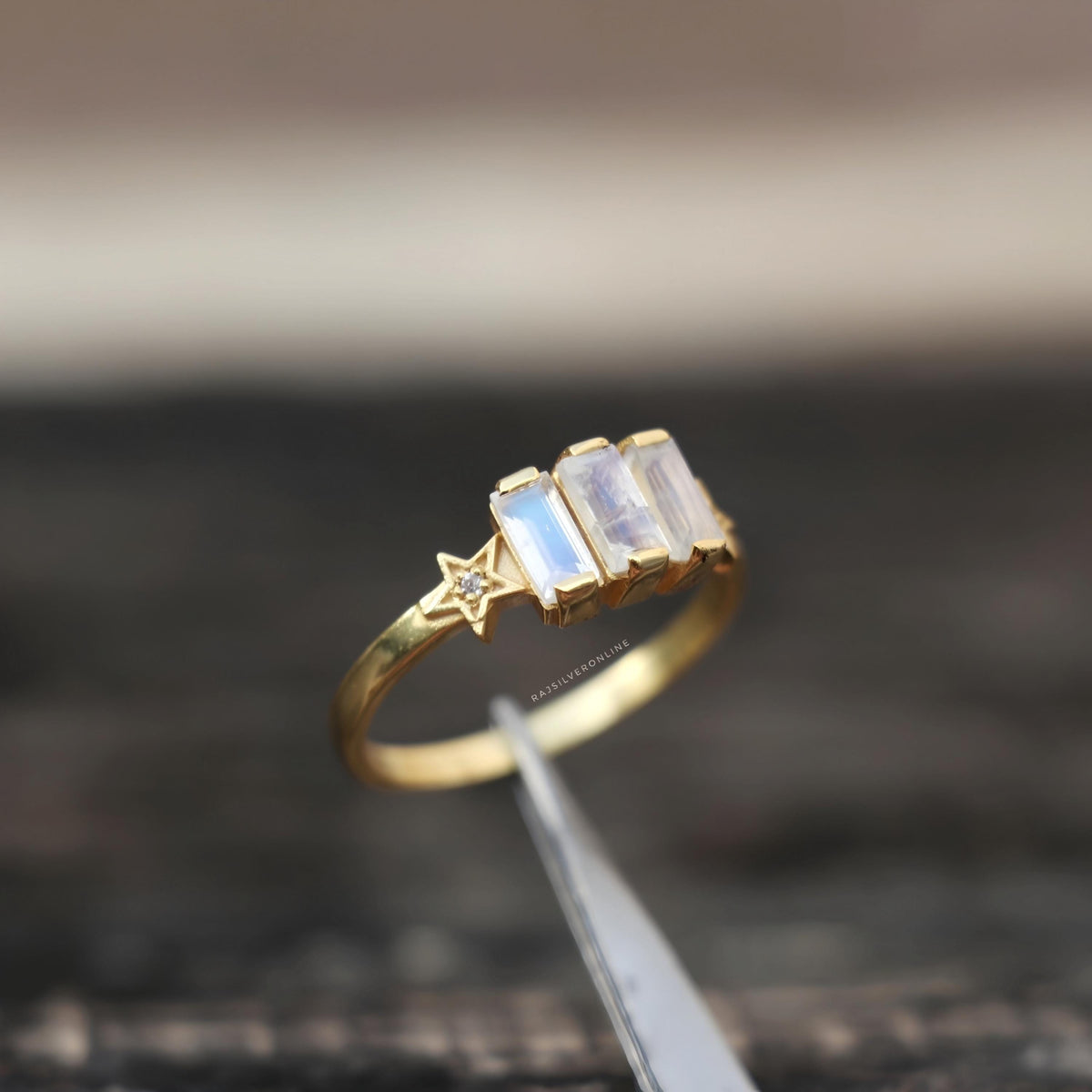 Rainbow Moonstone Ring, Gold-Plated, Sterling Silver Star Band, Handmade Engagement Jewelry, Dainty Gemstones Ring