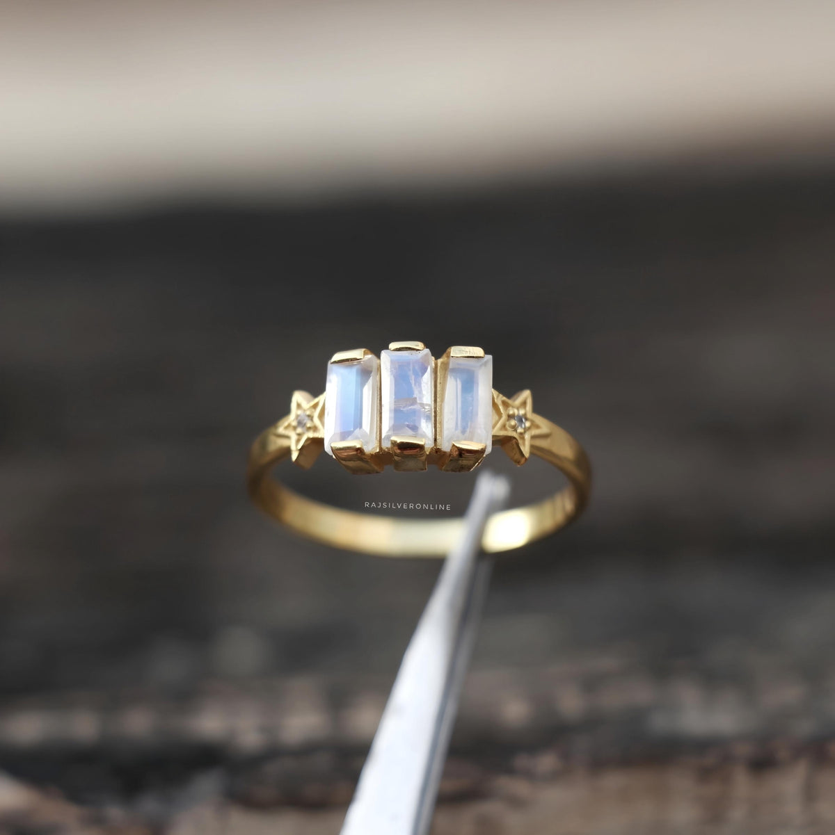 Rainbow Moonstone Ring, Gold-Plated, Sterling Silver Star Band, Handmade Engagement Jewelry, Dainty Gemstones Ring