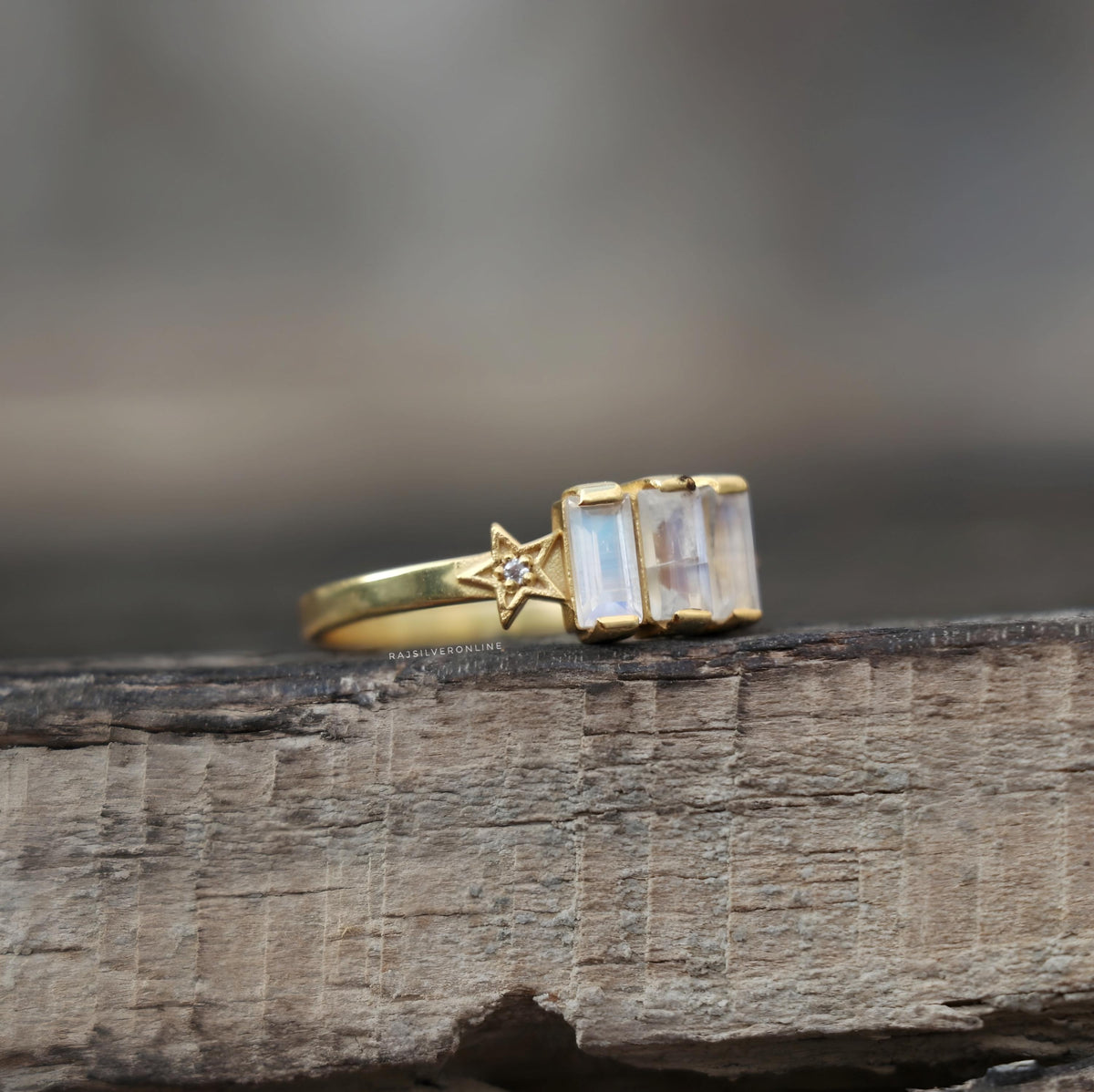 Rainbow Moonstone Ring, Gold-Plated, Sterling Silver Star Band, Handmade Engagement Jewelry, Dainty Gemstones Ring