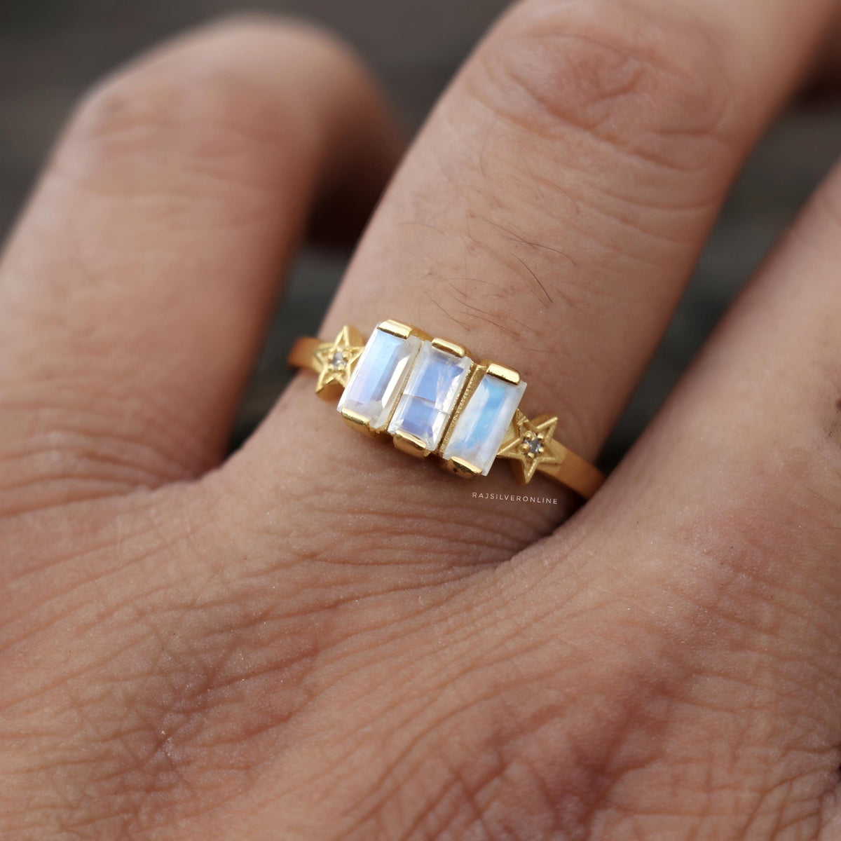 Rainbow Moonstone Ring, Gold-Plated, Sterling Silver Star Band, Handmade Engagement Jewelry, Dainty Gemstones Ring