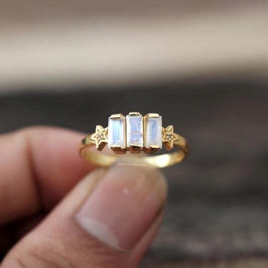 Rainbow Moonstone Ring, Gold-Plated, Sterling Silver Star Band, Handmade Engagement Jewelry, Dainty Gemstones Ring