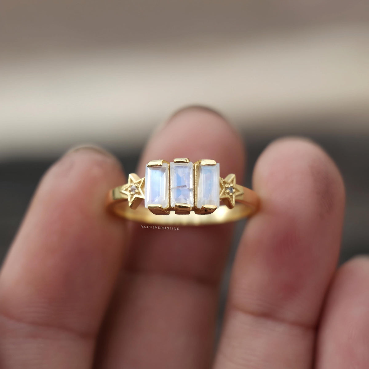 Rainbow Moonstone Ring, Gold-Plated, Sterling Silver Star Band, Handmade Engagement Jewelry, Dainty Gemstones Ring