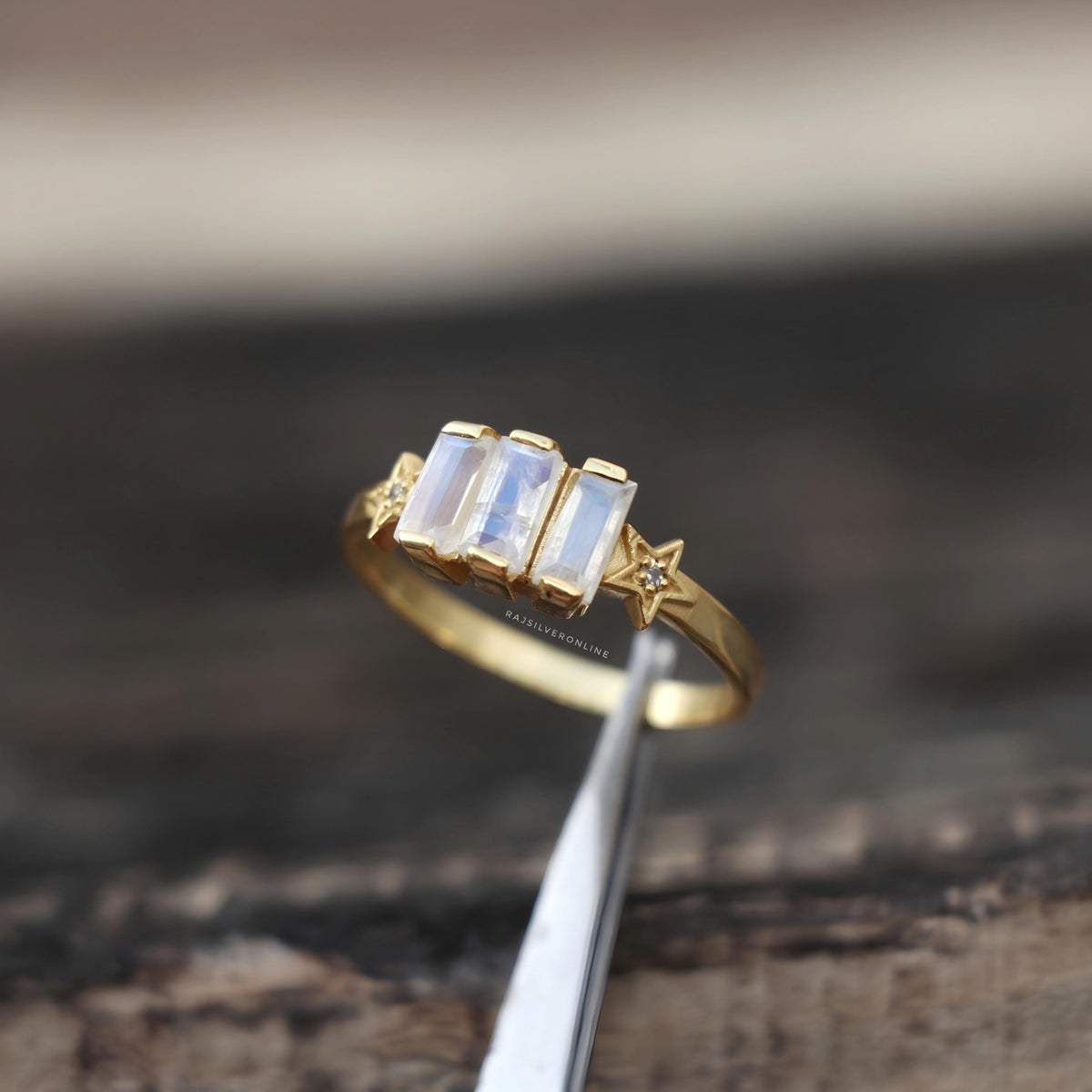 Rainbow Moonstone Ring, Gold-Plated, Sterling Silver Star Band, Handmade Engagement Jewelry, Dainty Gemstones Ring