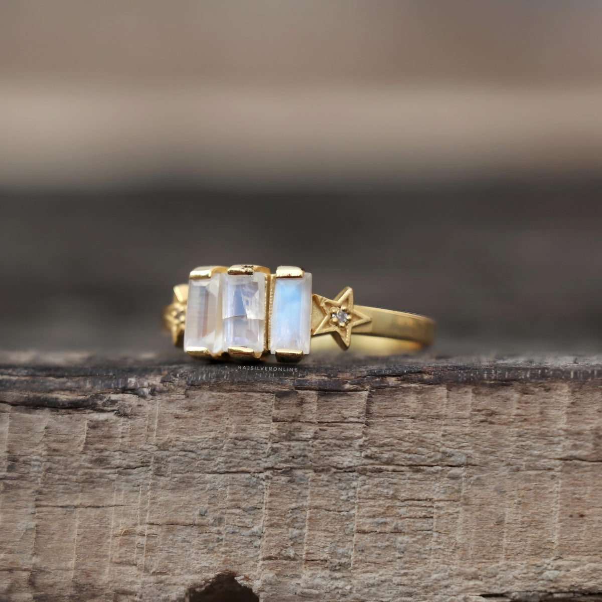 Rainbow Moonstone Ring, Gold-Plated, Sterling Silver Star Band, Handmade Engagement Jewelry, Dainty Gemstones Ring