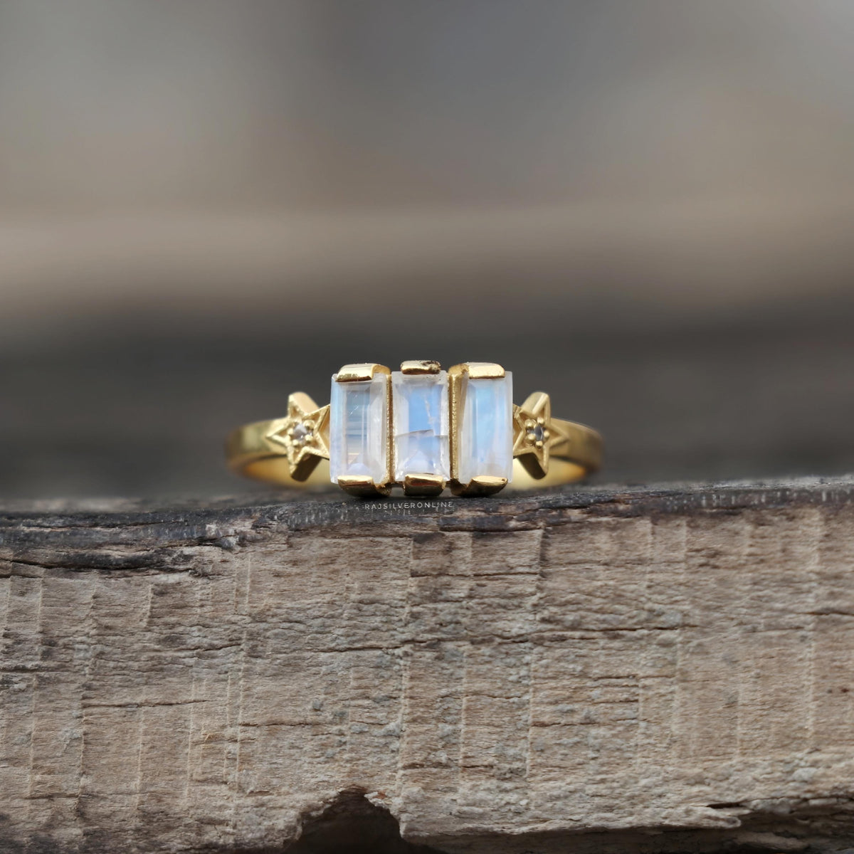 Rainbow Moonstone Ring, Gold-Plated, Sterling Silver Star Band, Handmade Engagement Jewelry, Dainty Gemstones Ring