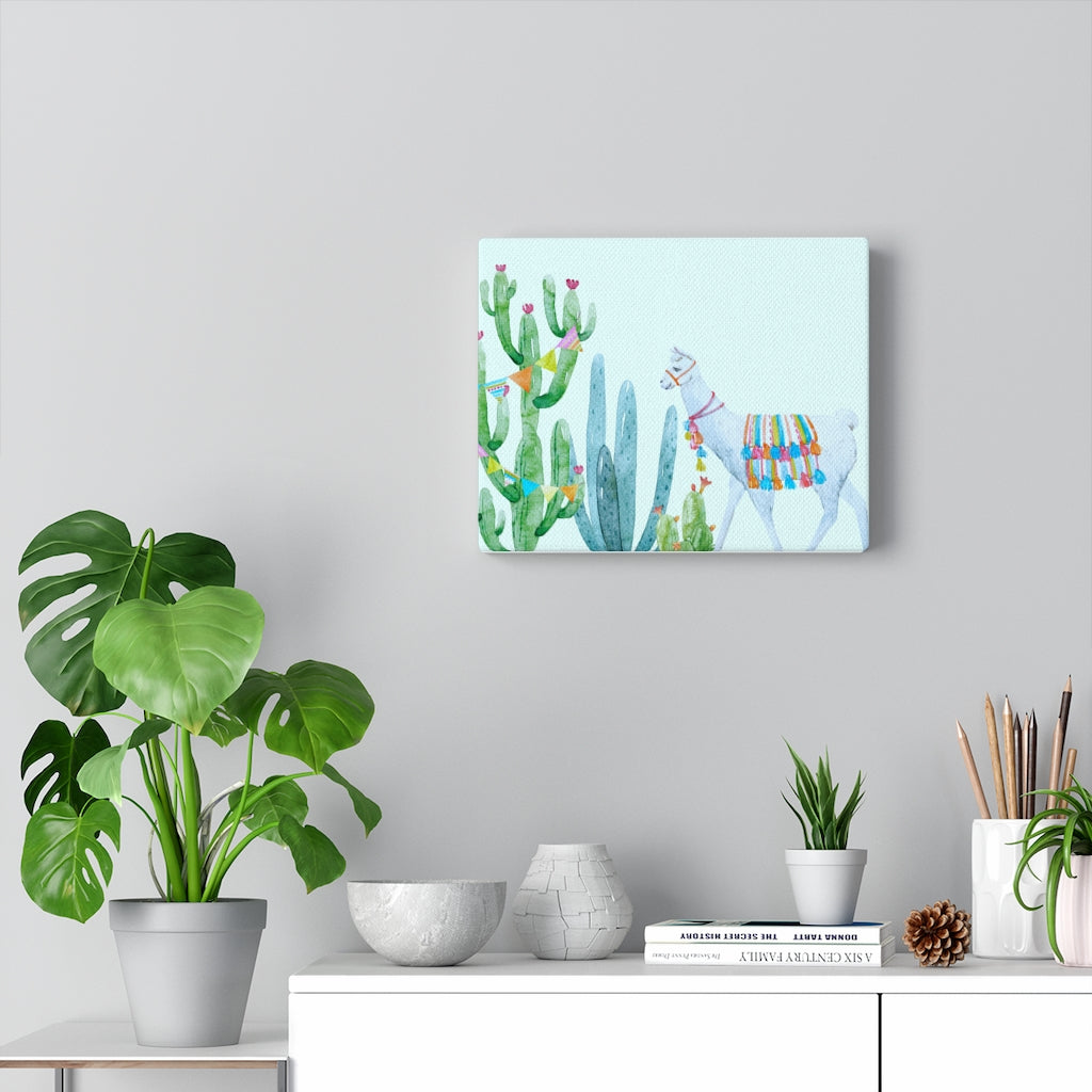 Fancy alpaca hangin out with a cactus canvas